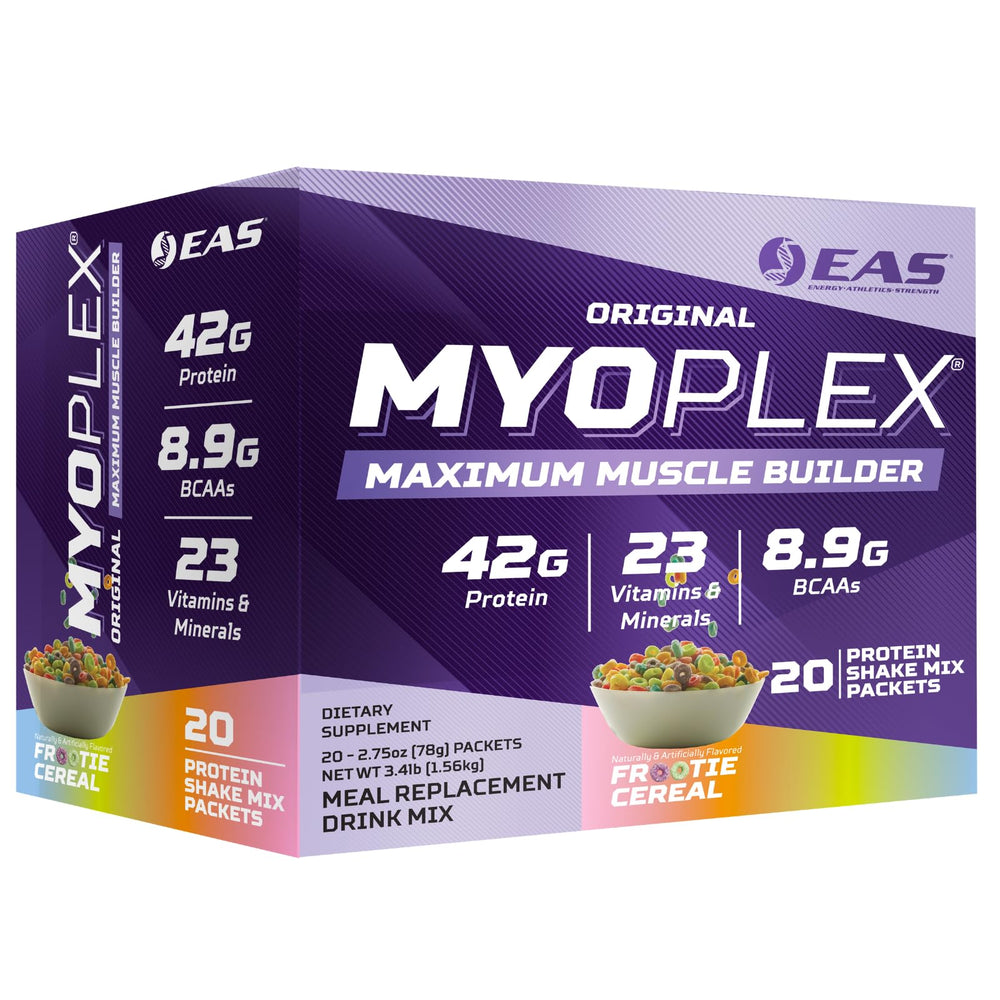 EAS Myoplex bottle displaying a protein packed formula for post workout recovery and sustained amino acid delivery