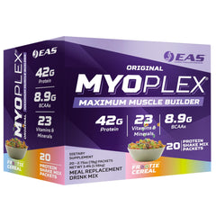 EAS Myoplex bottle displaying a protein packed formula for post workout recovery and sustained amino acid delivery