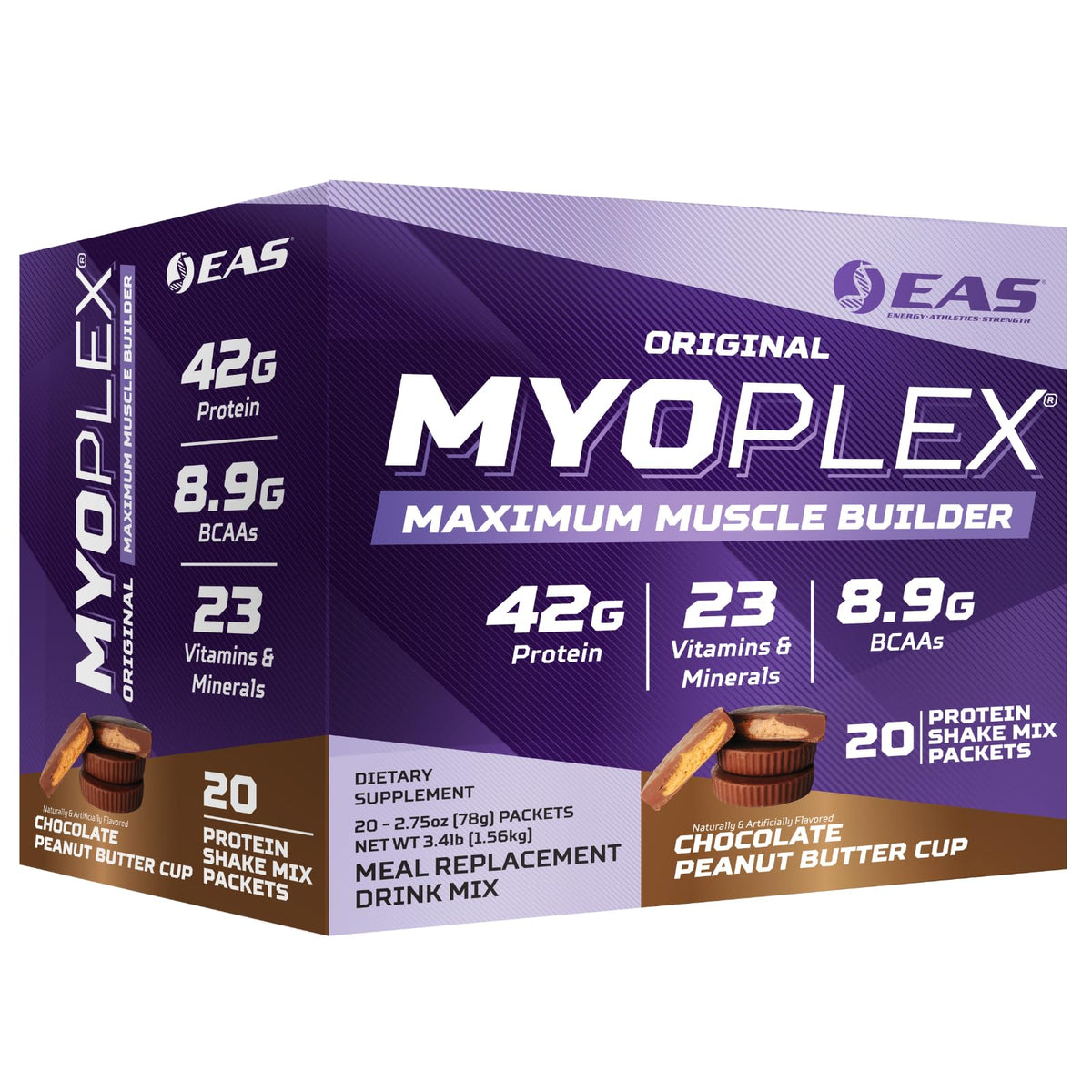 EAS Original Myoplex bottle front shows a protein shake for post-workout fueling.