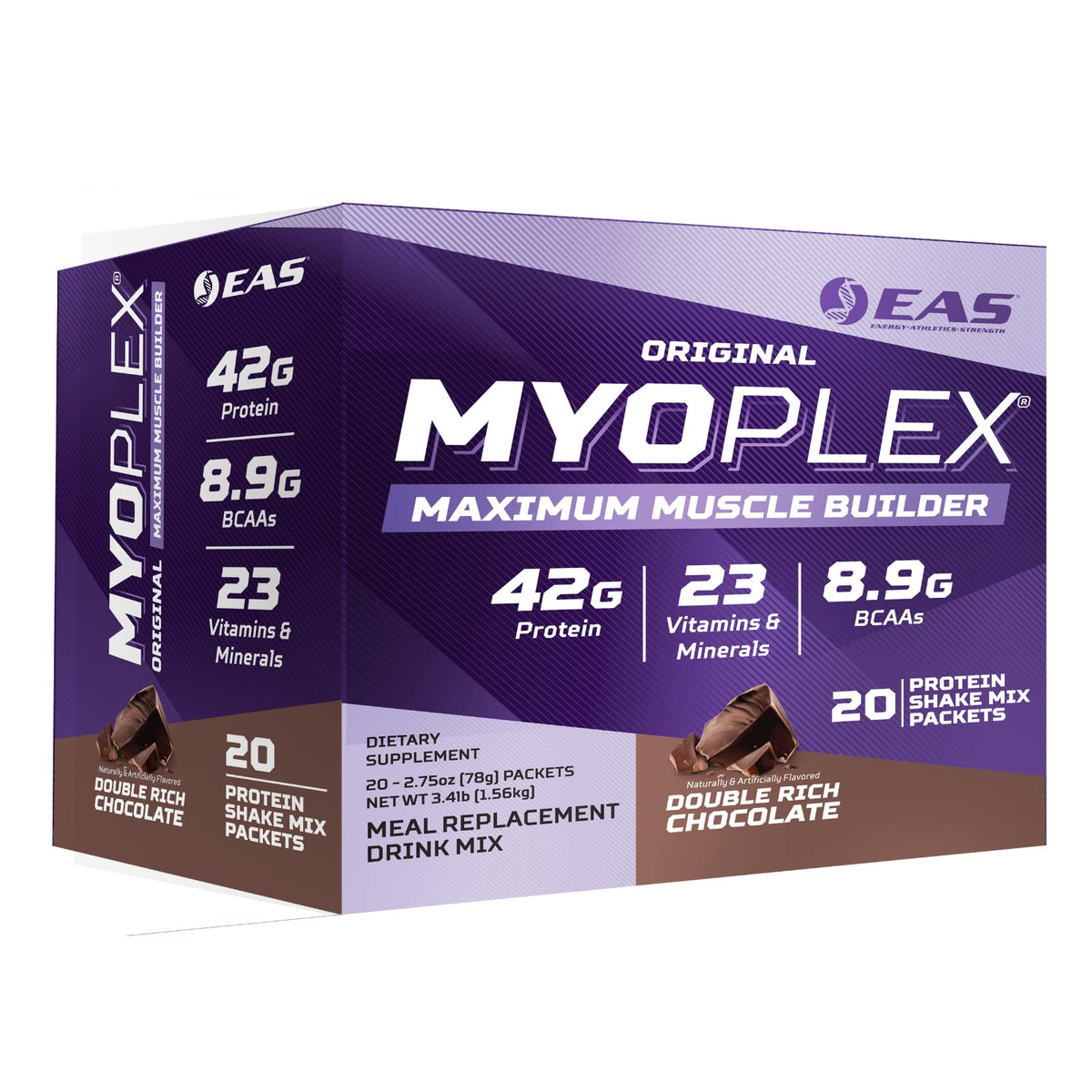 EAS Myoplex tub label showing 42g protein per serving for muscle support