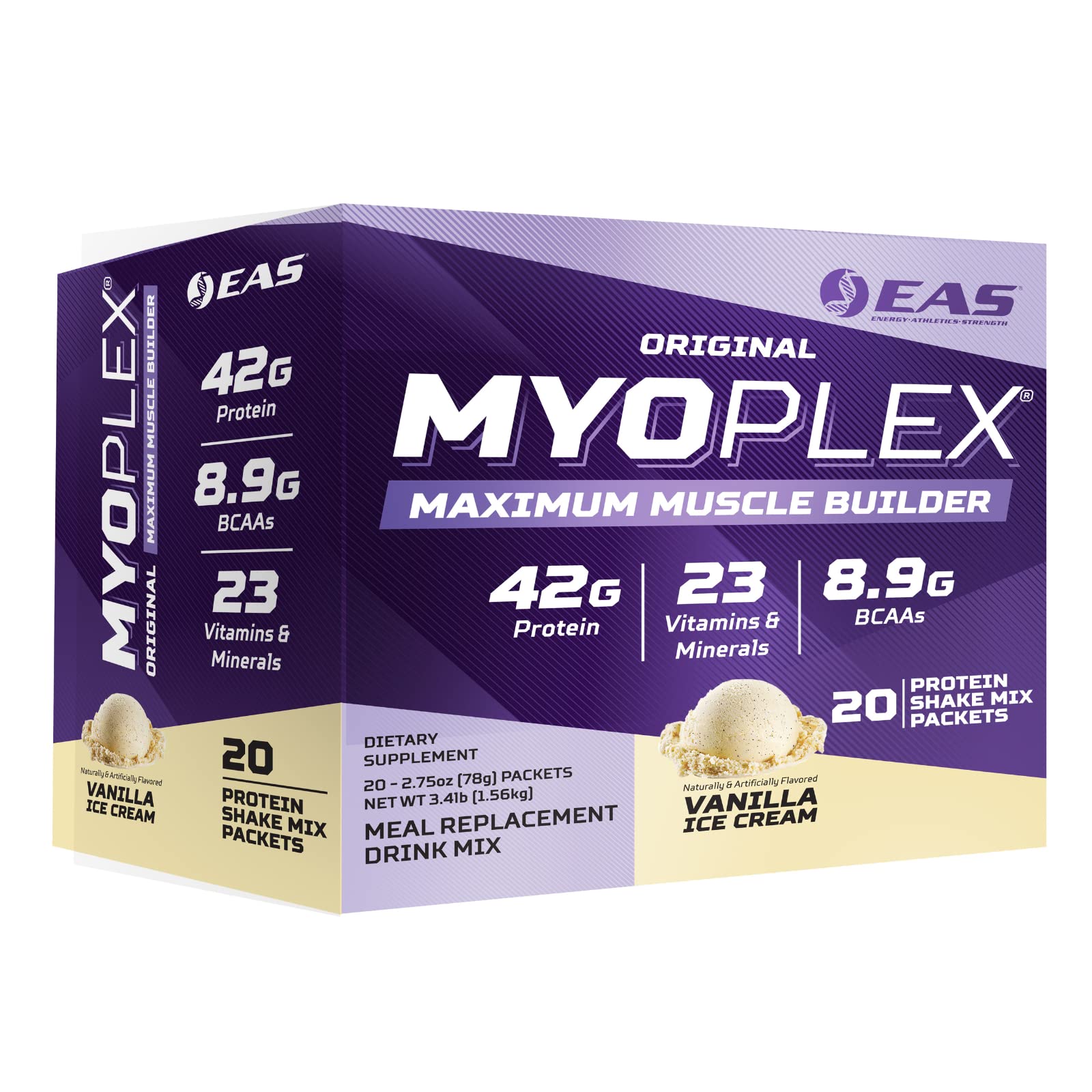 EAS Original Myoplex vanilla ice cream packaging highlighting a high protein meal replacement for sustained energy