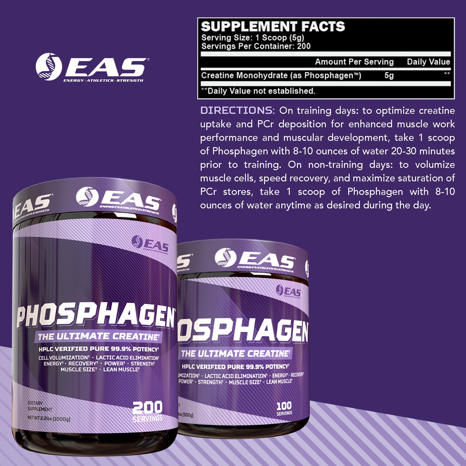 EAS Phosphagen Ultimate powder scoop image highlights easy measuring and consistent dosing.