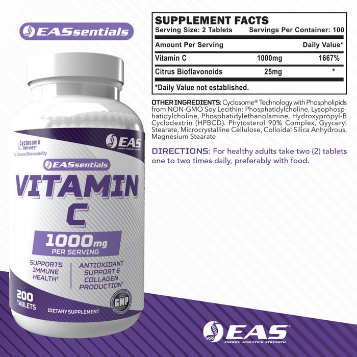 EAS Vitamin C 1000mg capsules close-up highlighting high potency.