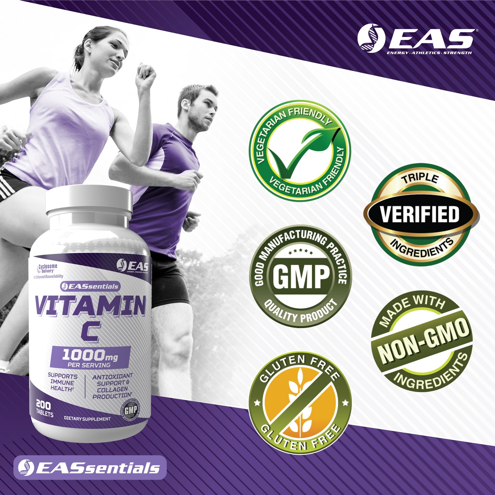 EAS Vitamin C 1000mg daily use scene with tablet and water.