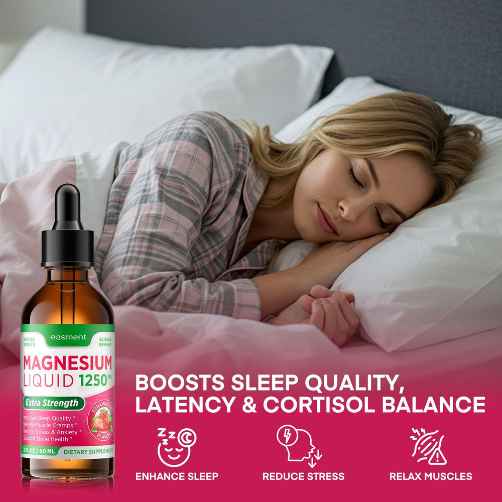 Close-up of Easment Magnesium Liquid drops showing a smooth, fast-acting formula.