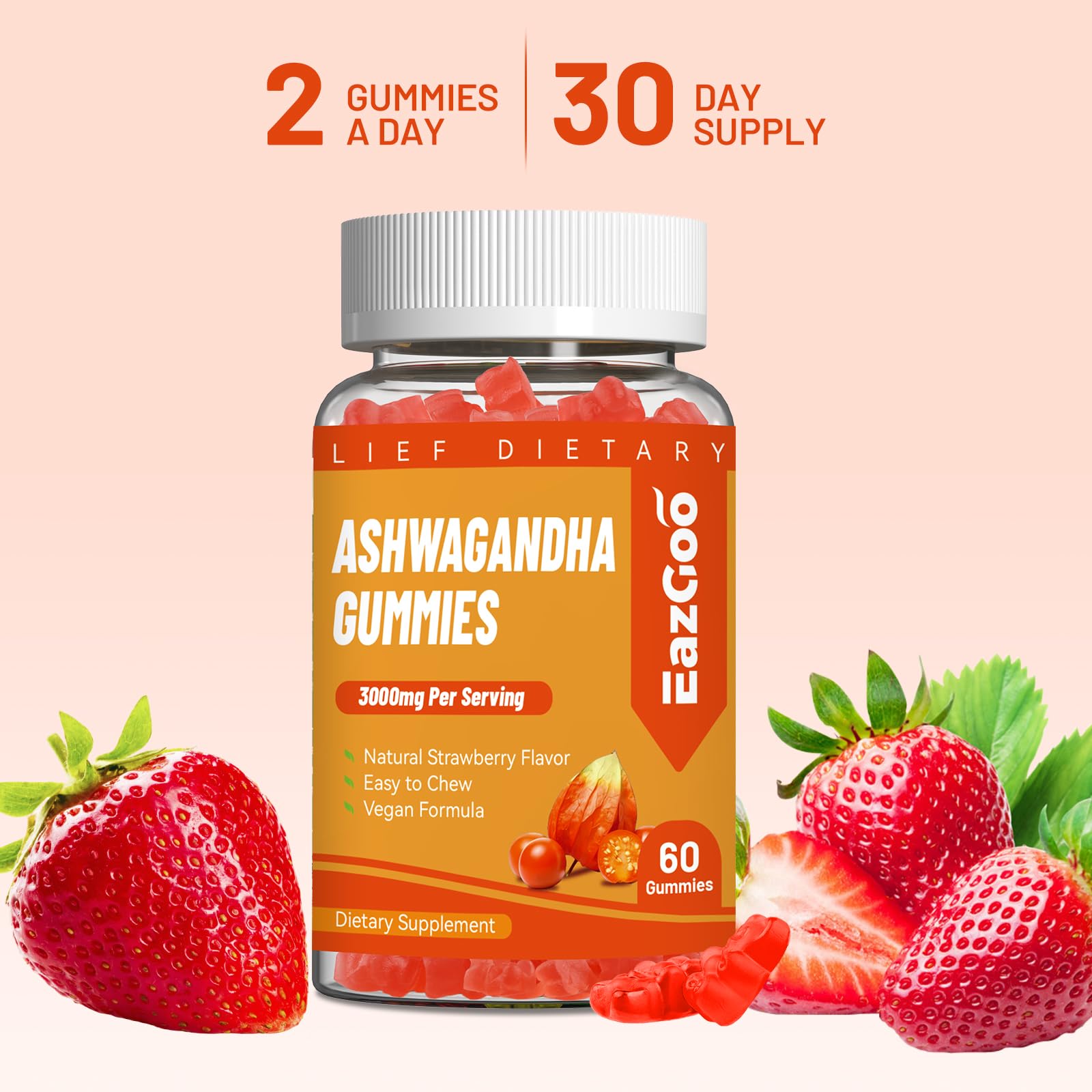 Assorted EAZGOO gummies on a plate illustrating strawberry flavor and chewable convenience