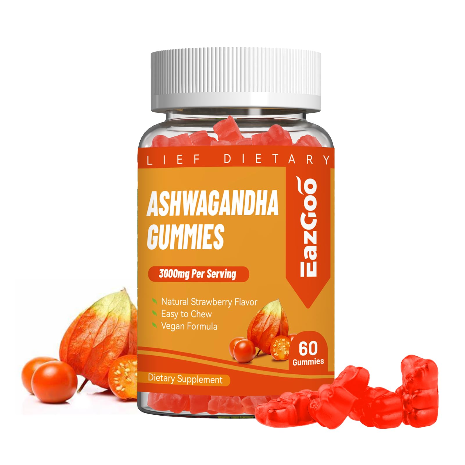 EAZGOO Ashwagandha Gummies bottle with strawberry flavor for daily energy support