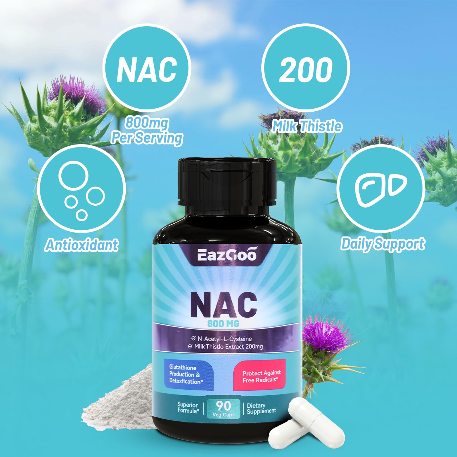 EAZGOO bottle close-up shows easy two-capsule daily dosing