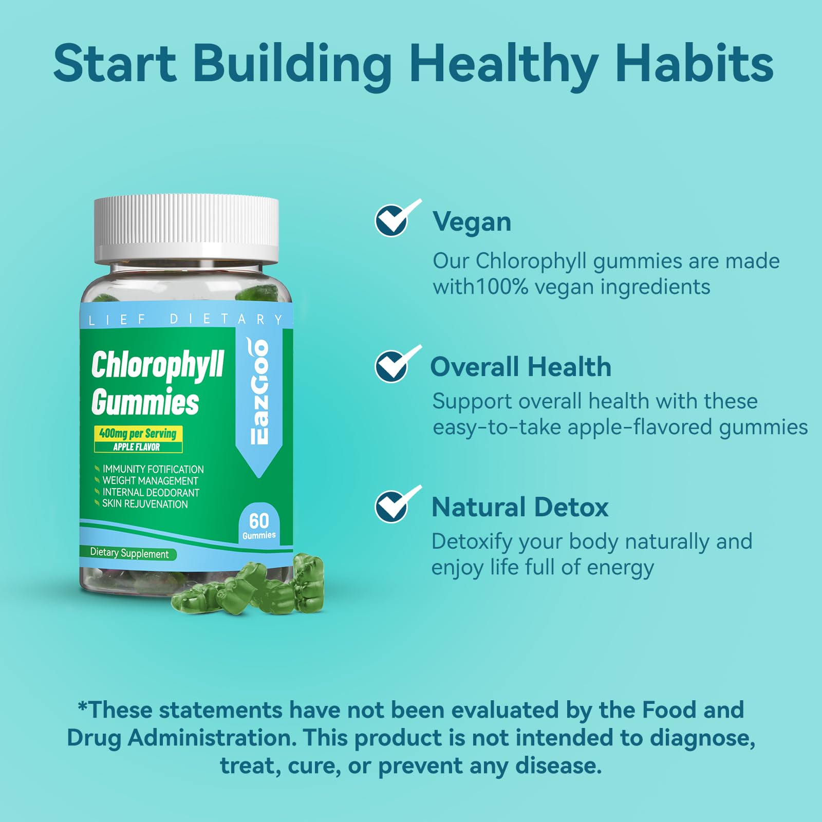 EAZGOO Chlorophyll Gummies ingredients panel with vitamins and minerals