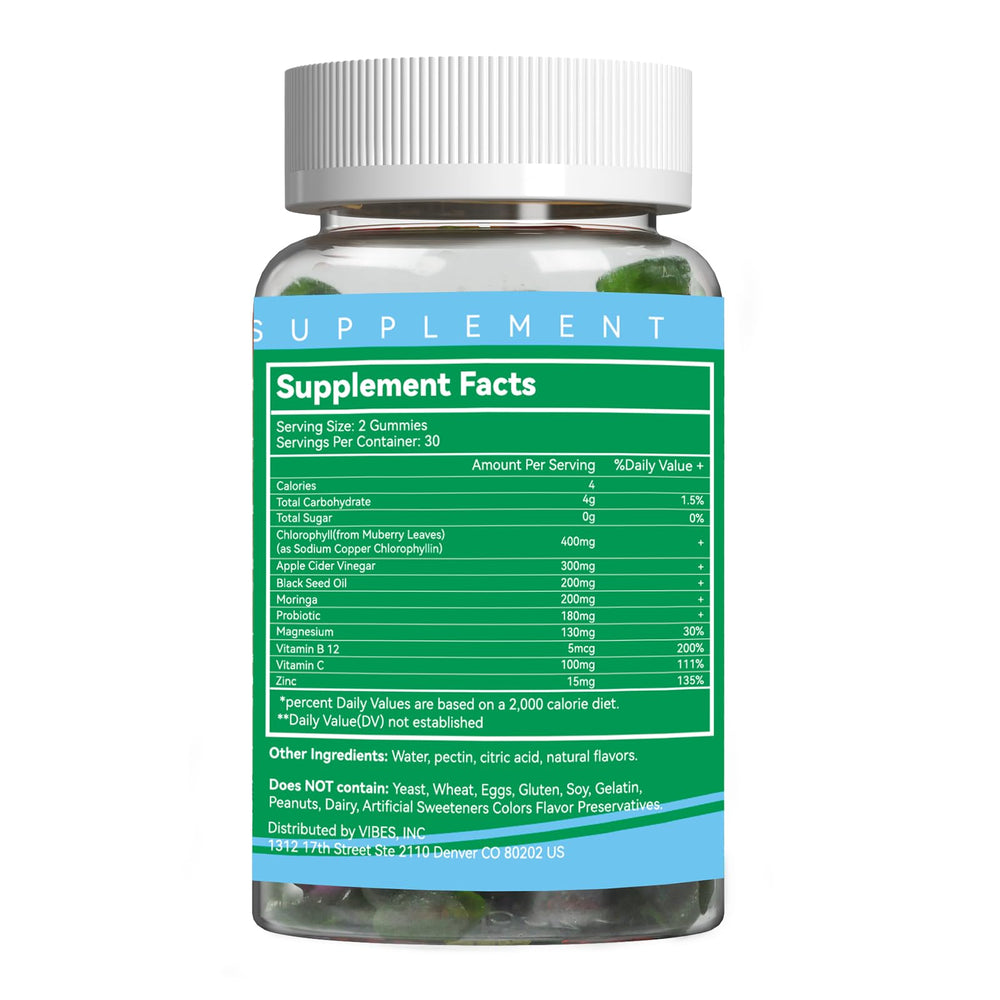 EAZGOO Chlorophyll Gummies vegan packaging shows gelatin-free and allergen-friendly