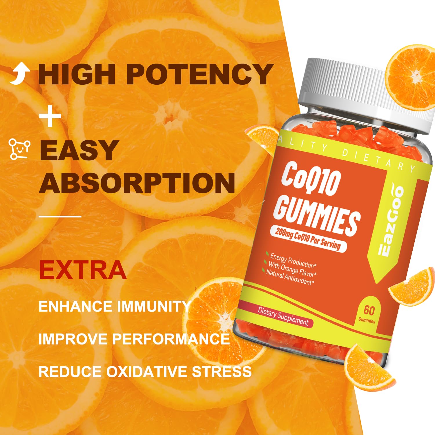 Gummy label reveals 200mg CoQ10 per serving for simple daily use.