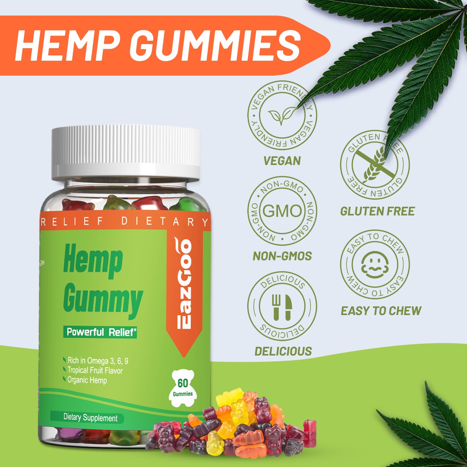 Gluten-free and gelatin-free badge on EAZGOO gummies