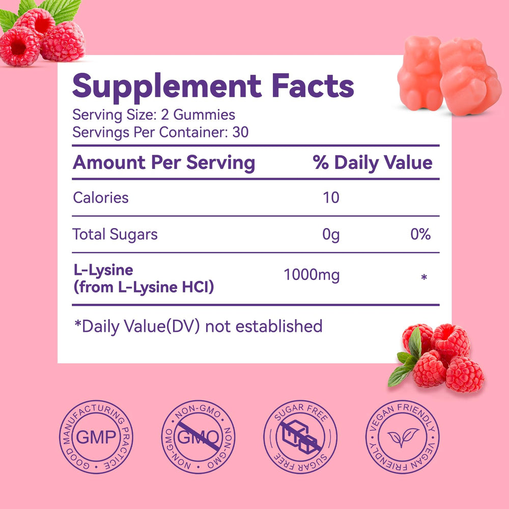 Two gummies per serving illustrate 1000mg lysine dose.