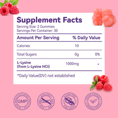 Two gummies per serving illustrate 1000mg lysine dose.