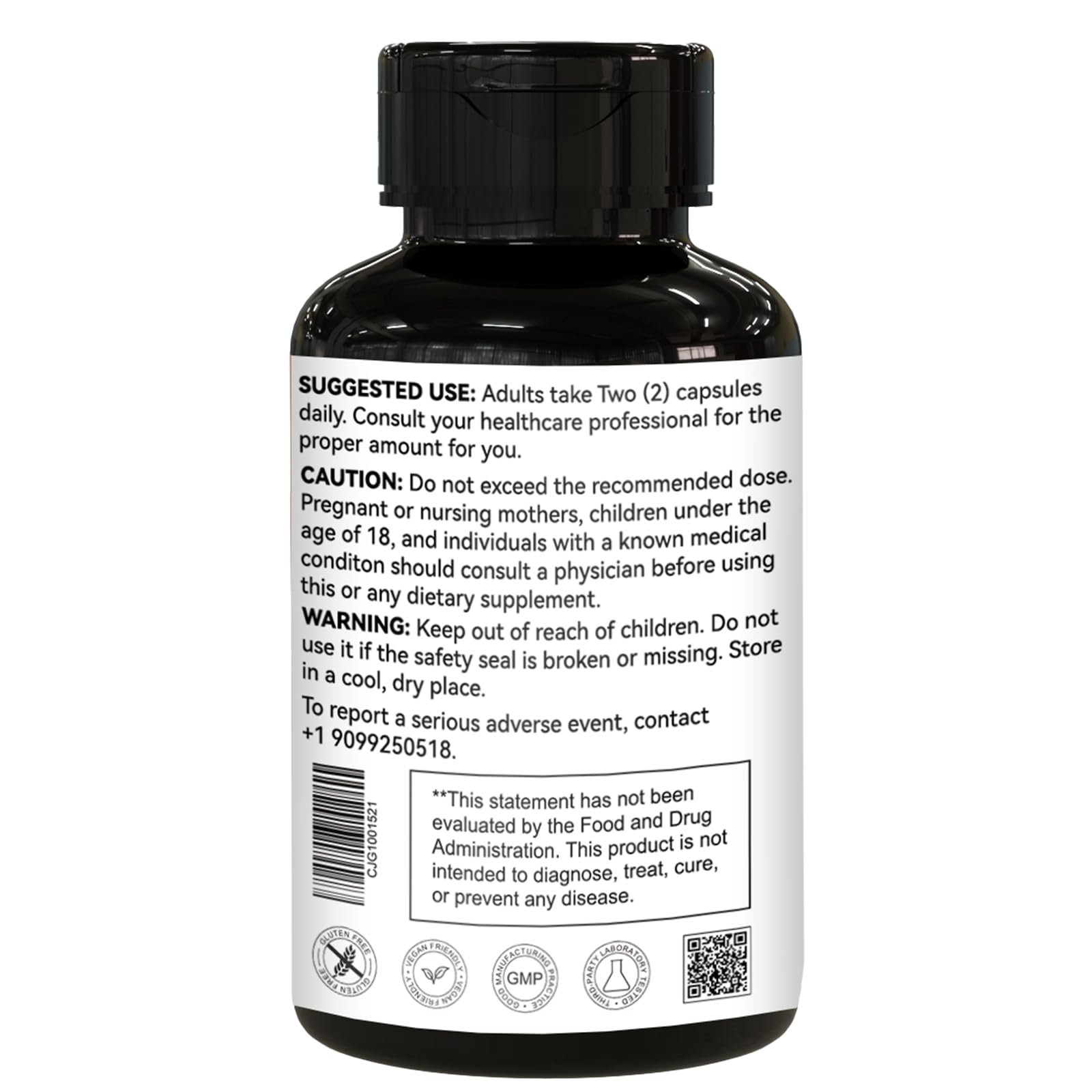 Back label reveals non-GMO, gluten-free magnesium glycinate formulation.