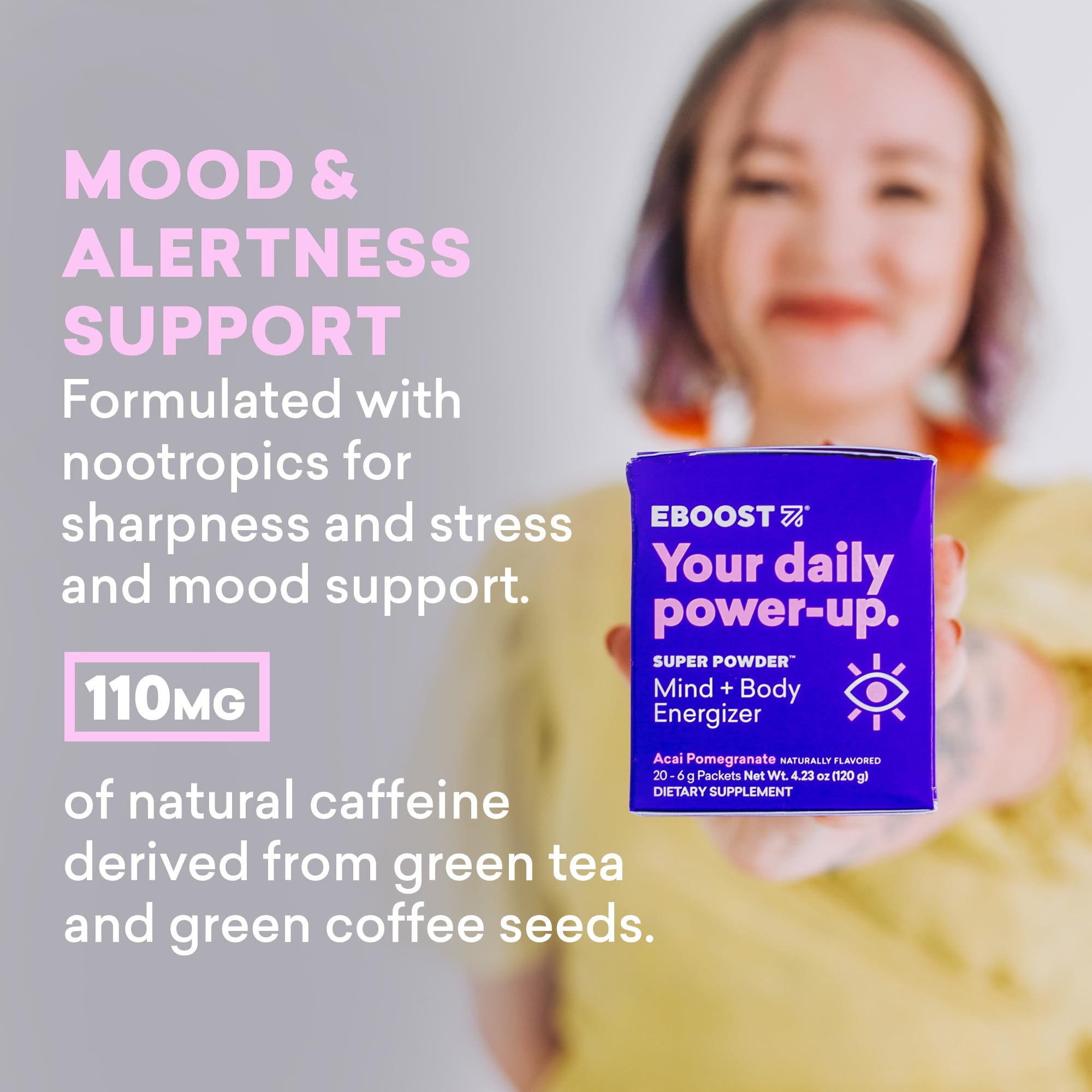 EBOOST acai pomegranate flavor promotes daily focus and mood support