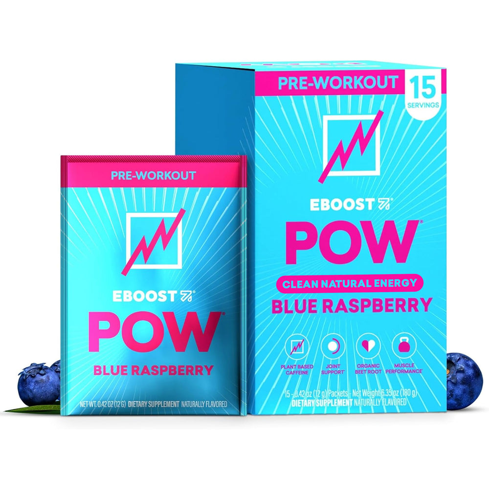 EBOOST POW blue raspberry packets ready for a quick pre-workout boost