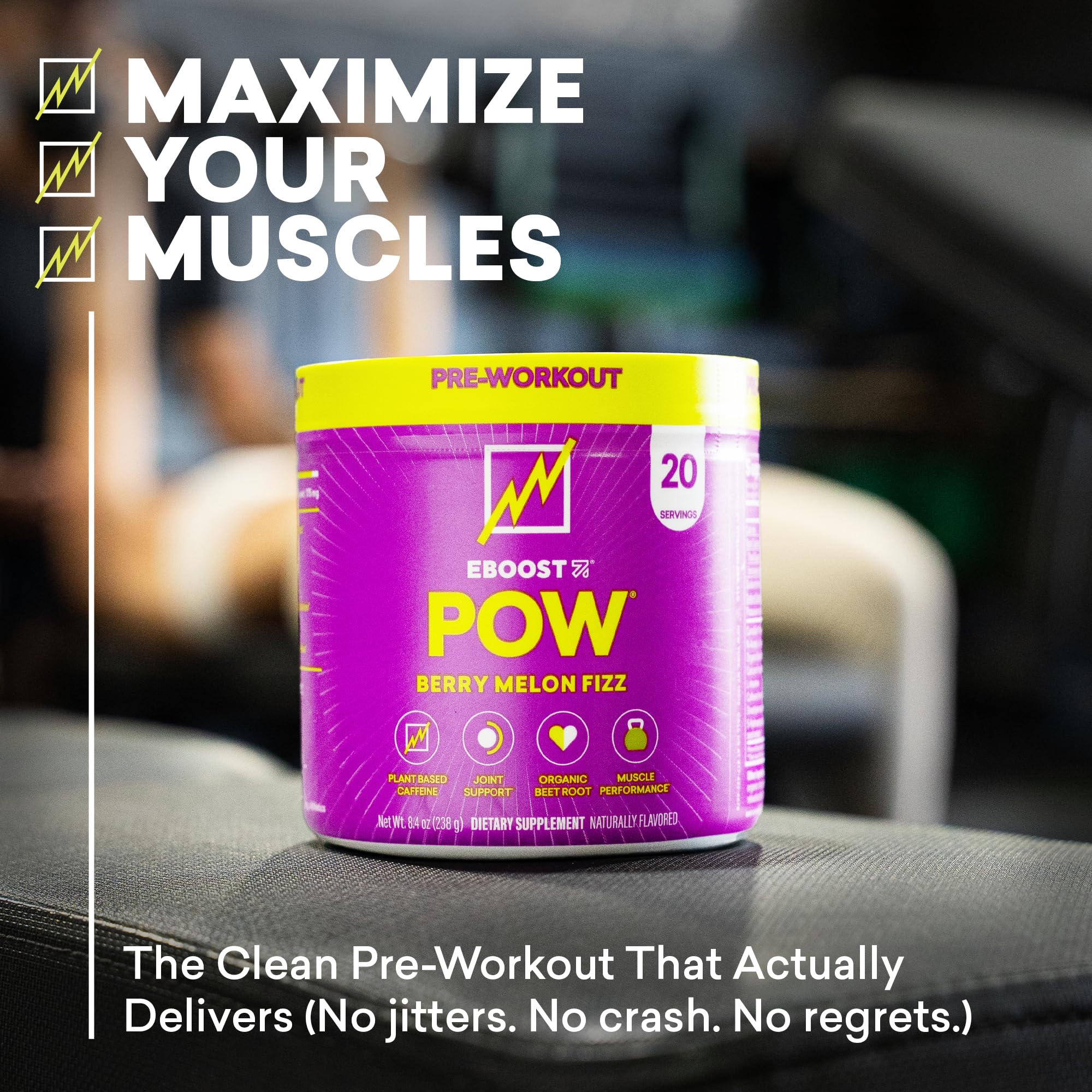 EBOOST POW glass showing fizz ready to power a workout