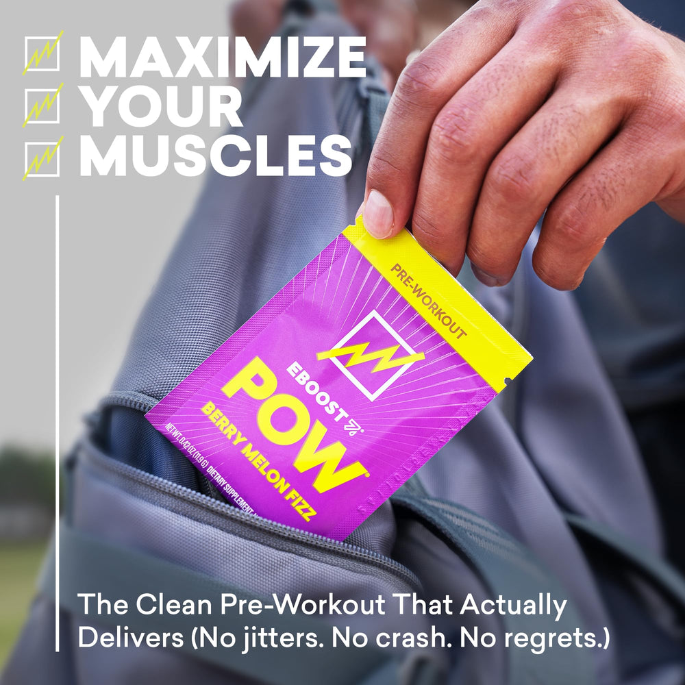 EBOOST POW Berry Melon Fizz being poured into a glass for on-the-go energy.