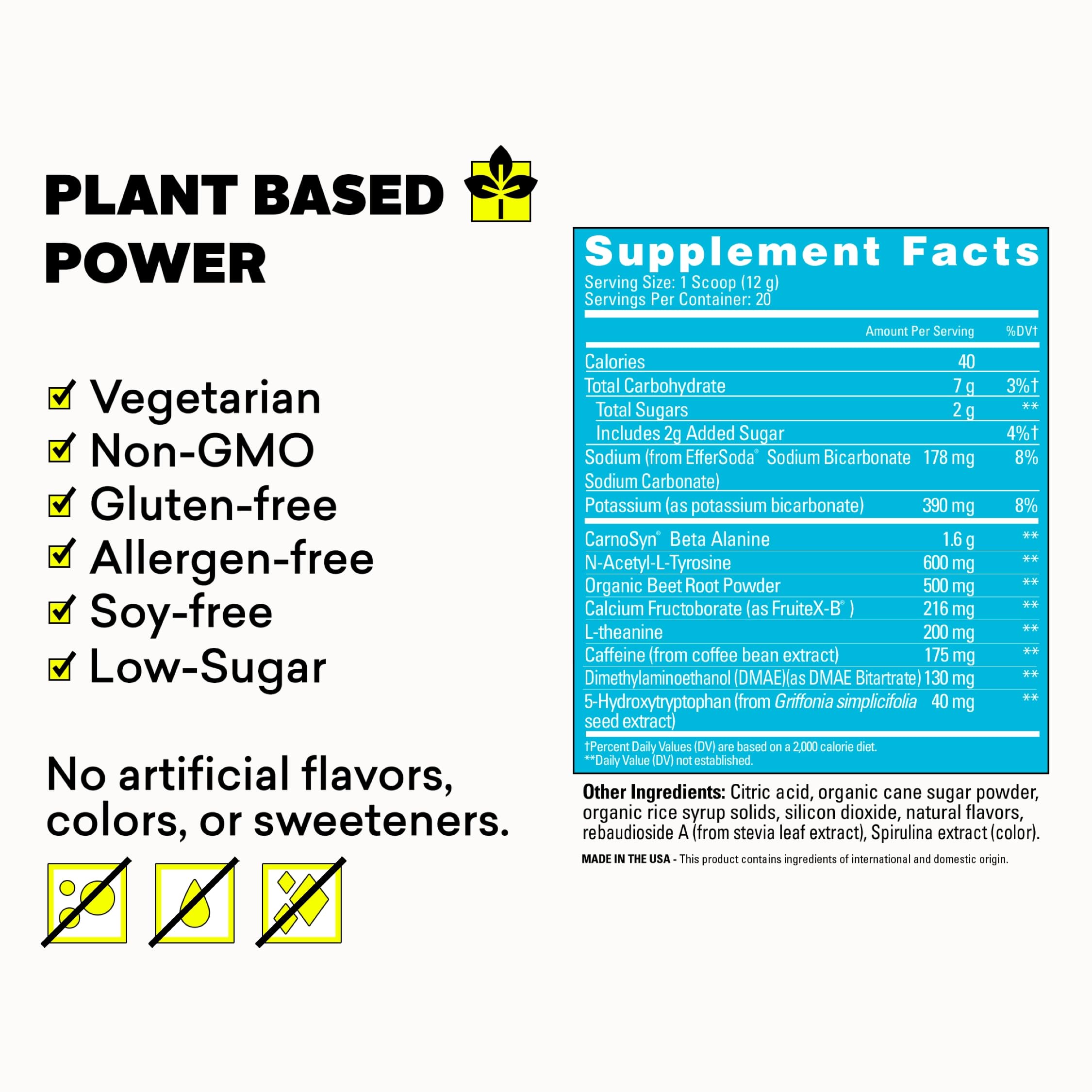 POW label highlights gluten-free, non-GMO, vegetarian ingredients.