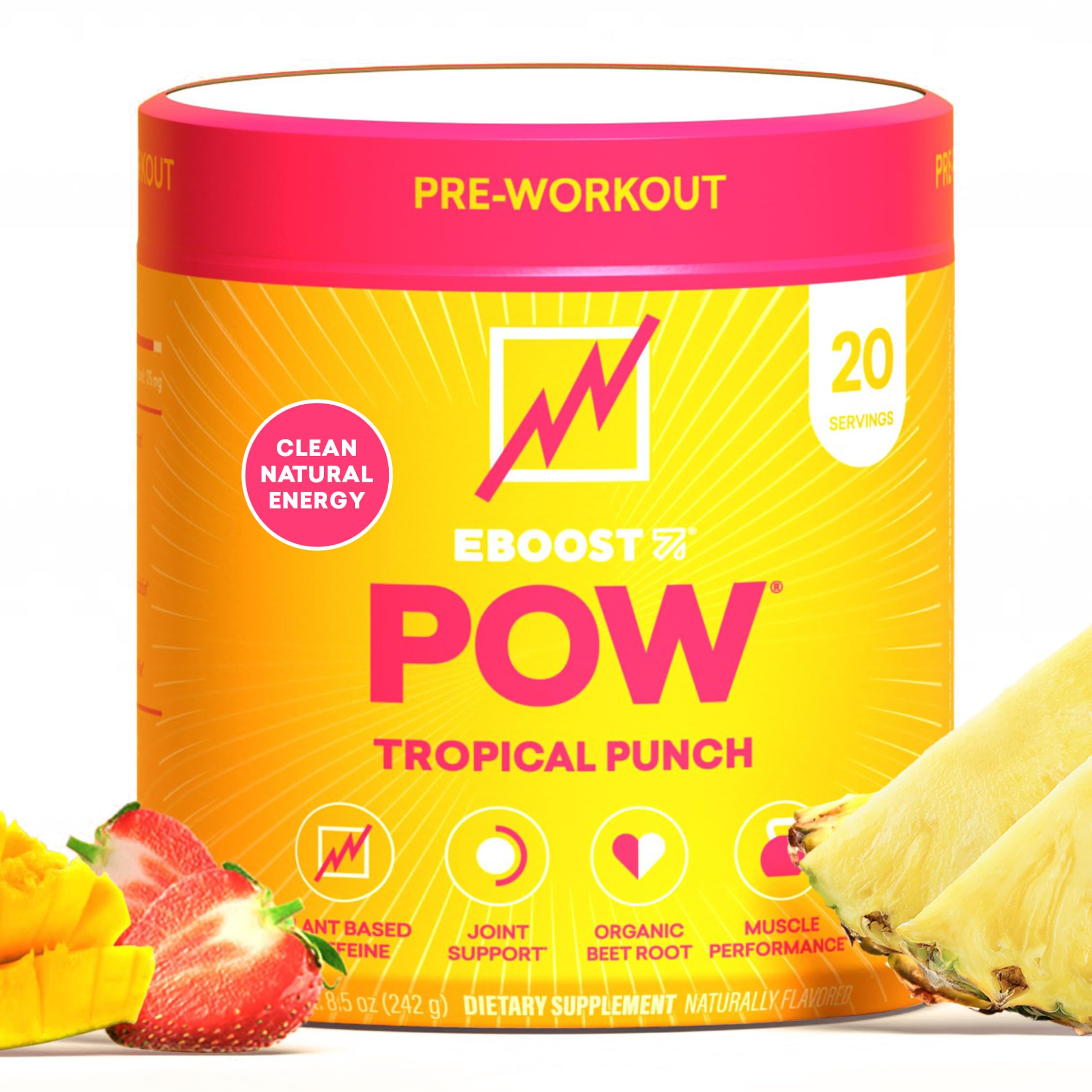 EBOOST POW Tropical Punch tub shown for convenient pre-workout use