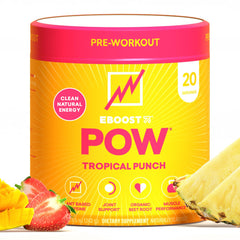 EBOOST POW Tropical Punch tub shown for convenient pre-workout use