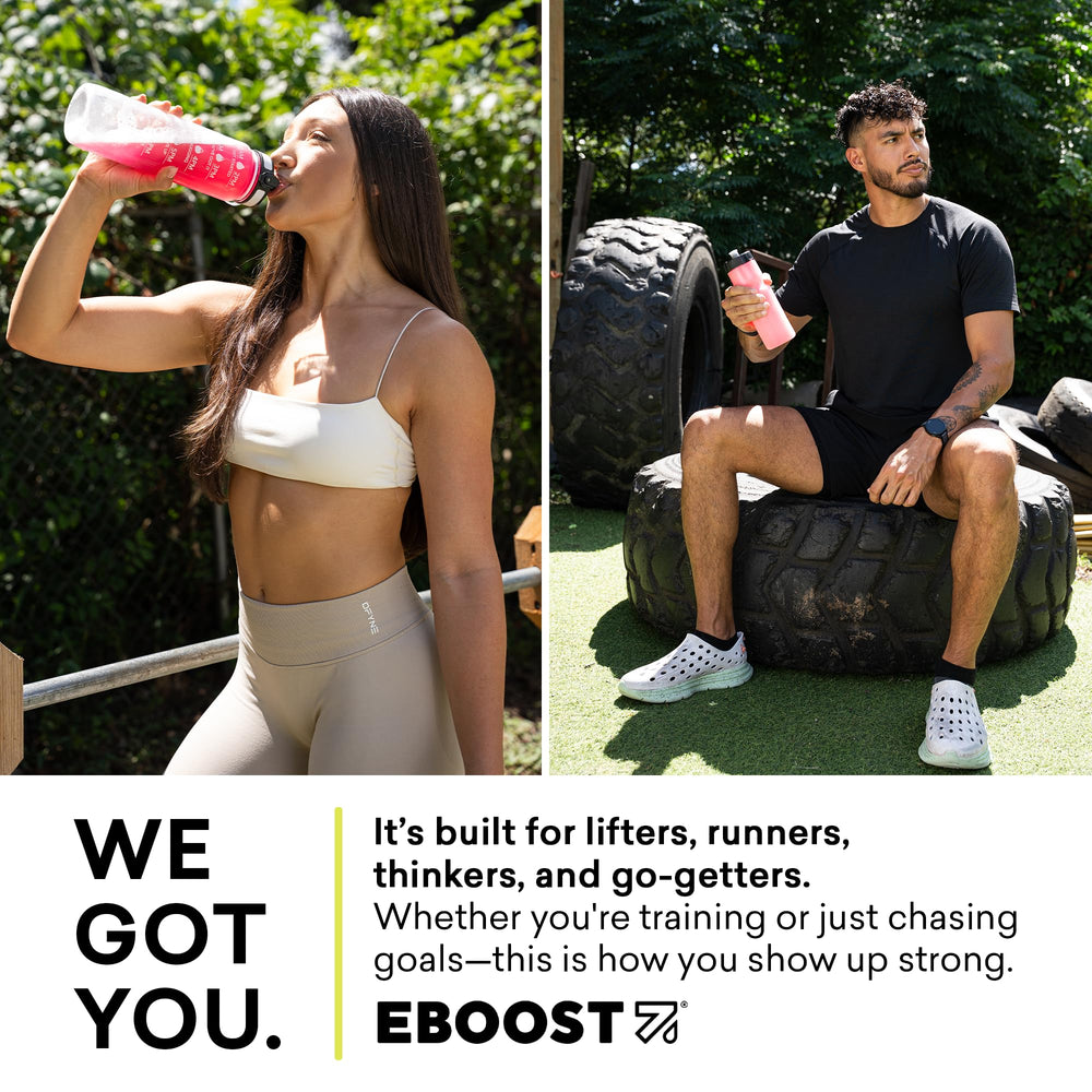 Non-GMO and gluten-free badge on EBOOST POW packaging