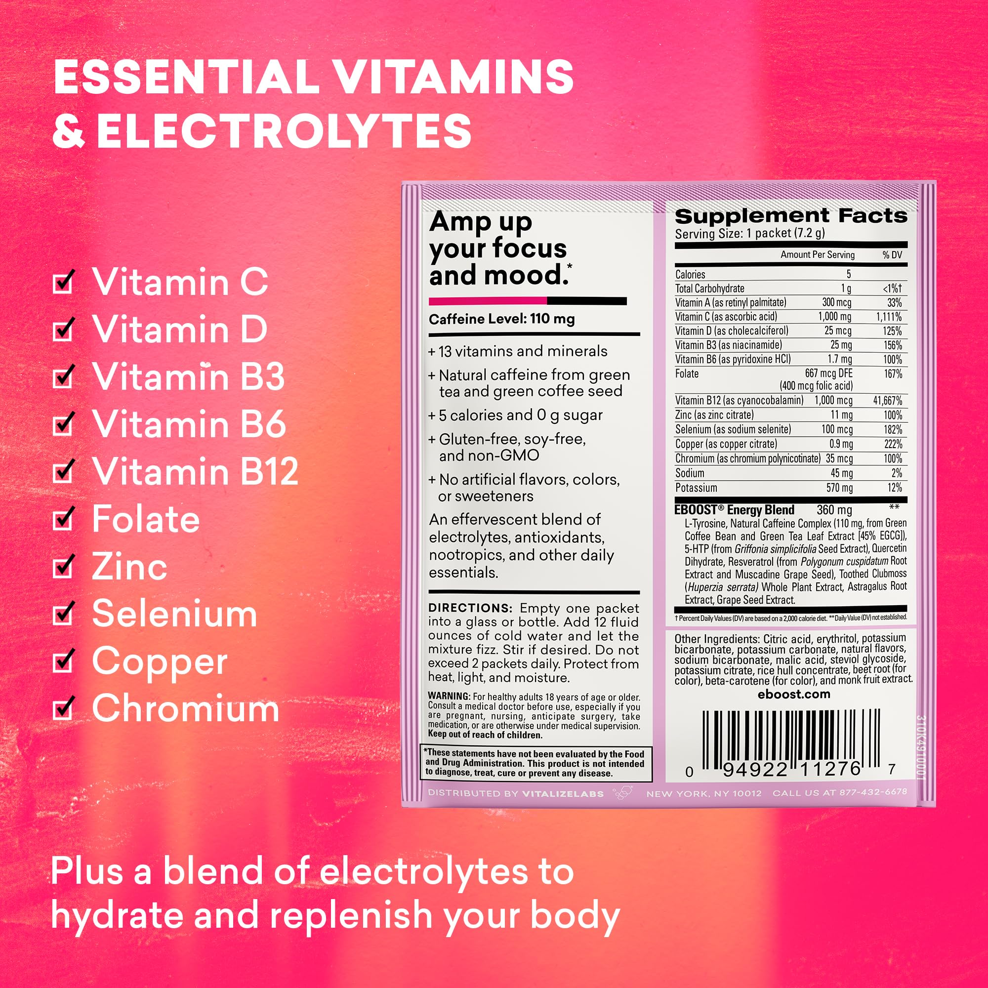 EBOOST pink lemonade packet beside desk setup suggests convenient study and work support.