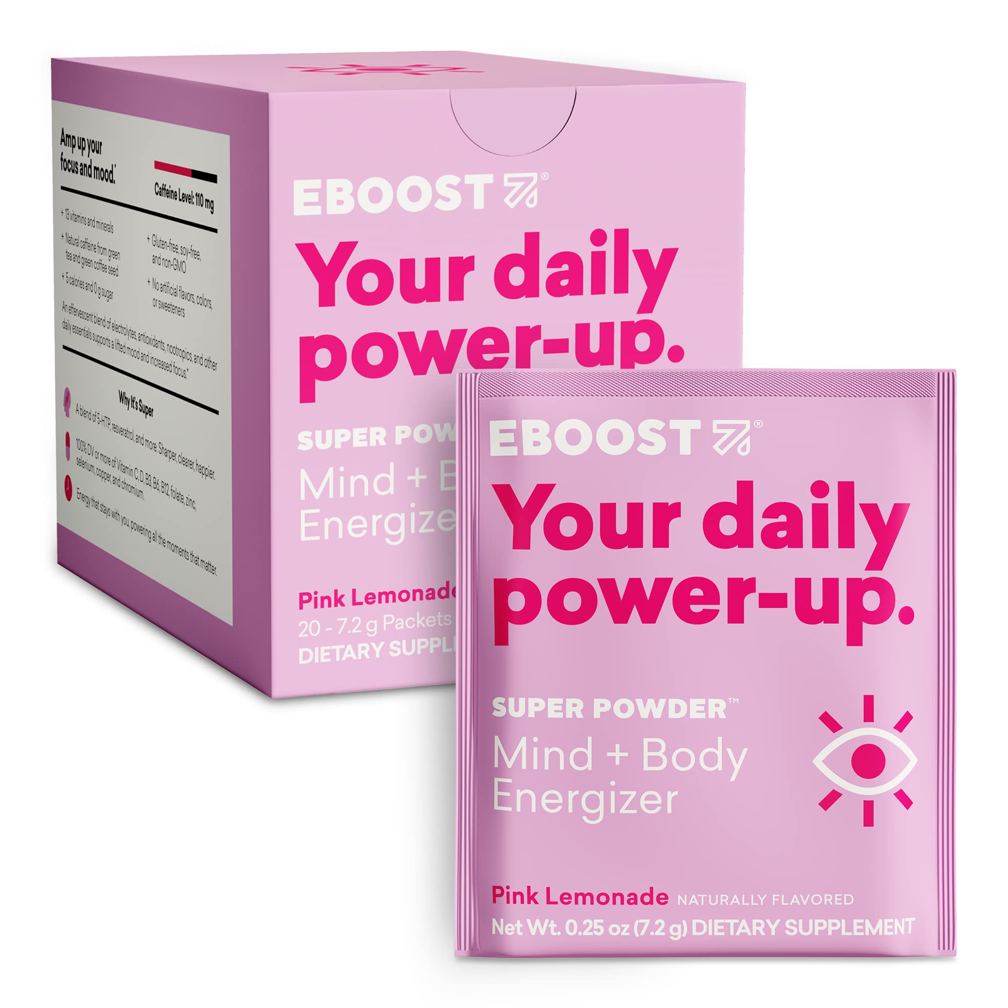 EBOOST Pink Lemonade energy packet closeup showing portable energy and focus.