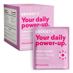EBOOST Pink Lemonade energy packet closeup showing portable energy and focus.