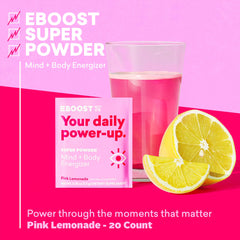 EBOOST pink lemonade glass with water highlights refreshing hydration and clean energy.