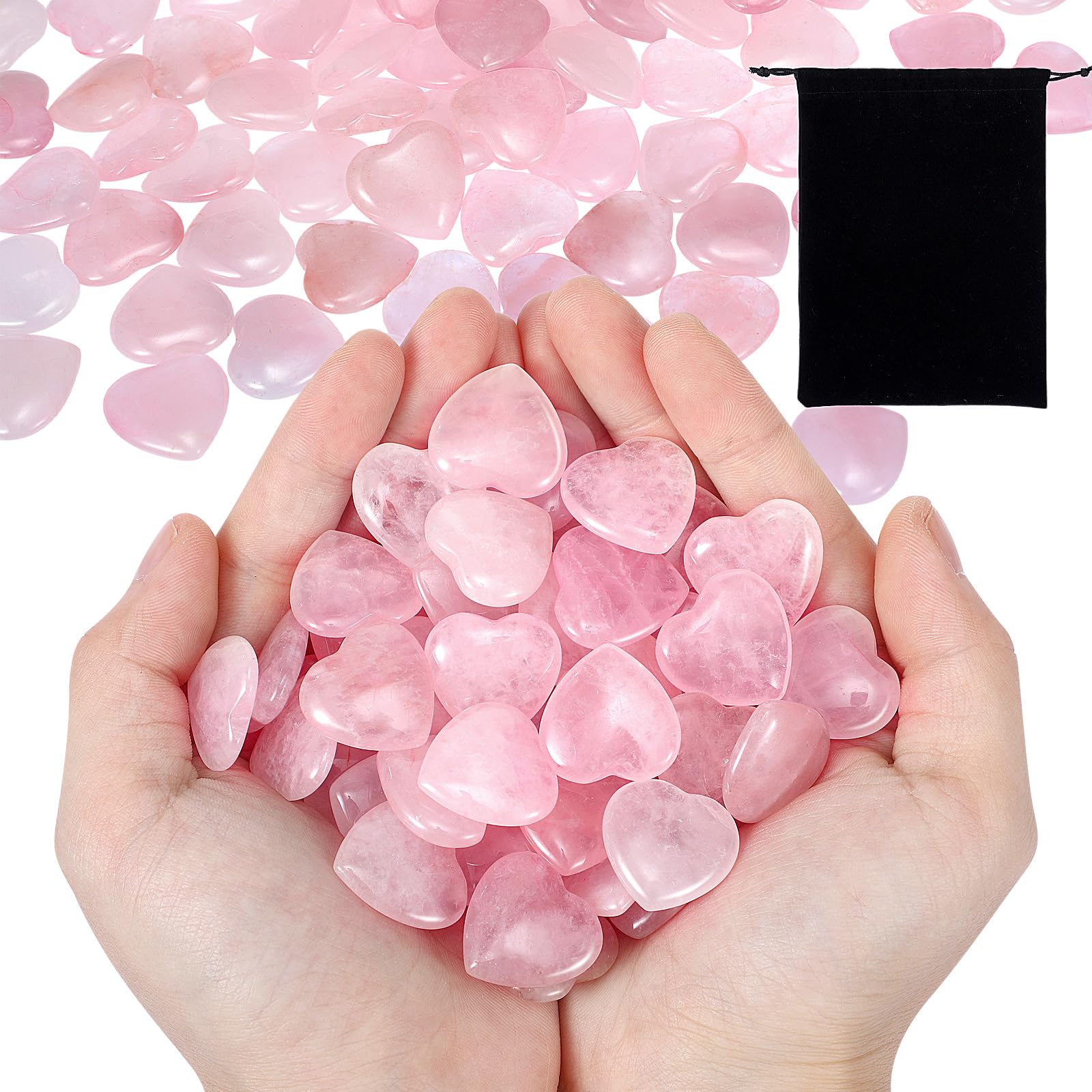 Ecation rose quartz heart crystals in a black bag, ready for gifting