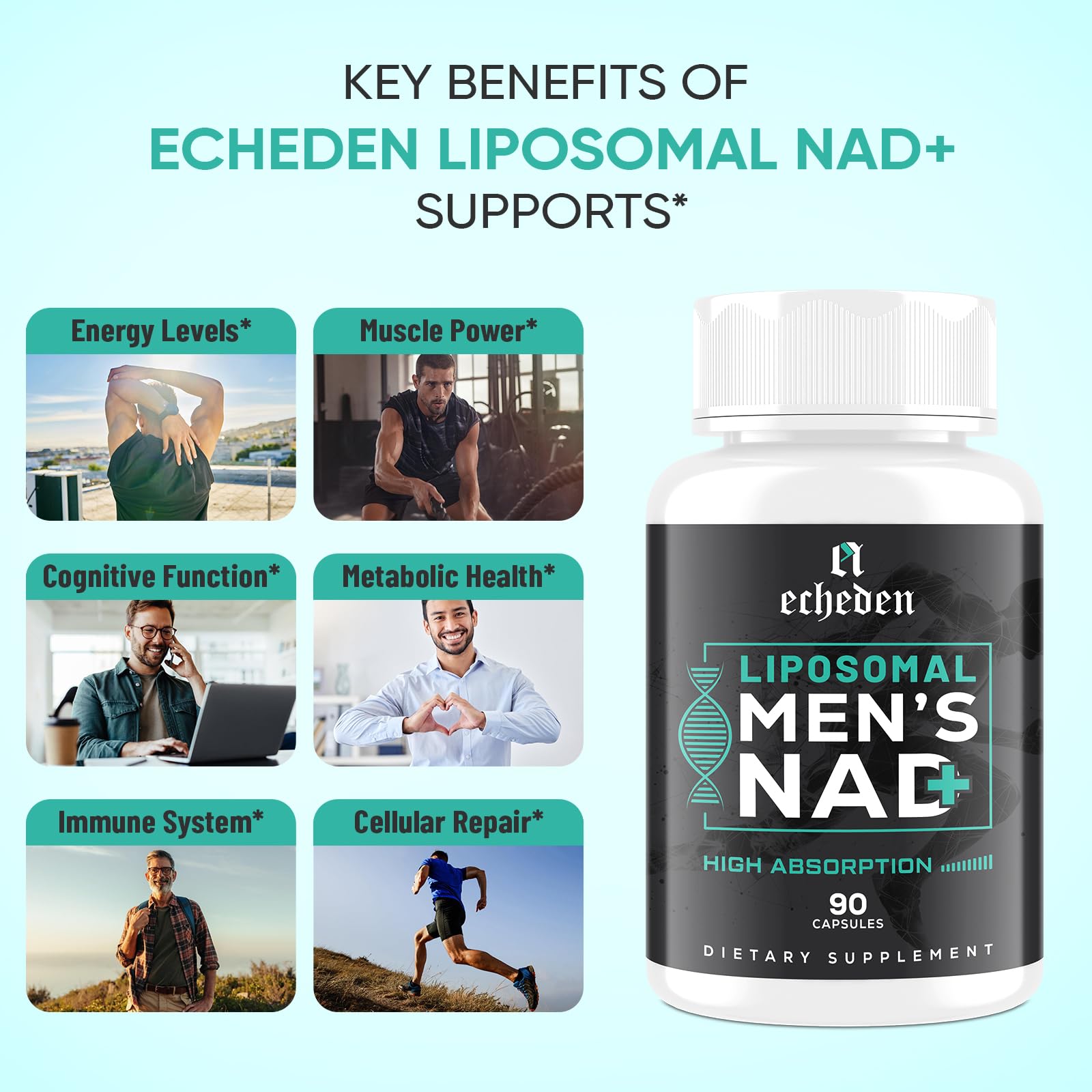 ECHEDEN NAD+ gluten-free and soy-free icons demonstrating purity