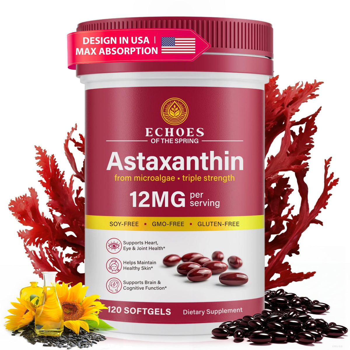 Echoes of the Spring astaxanthin 12mg bottle highlighting daily wellness support