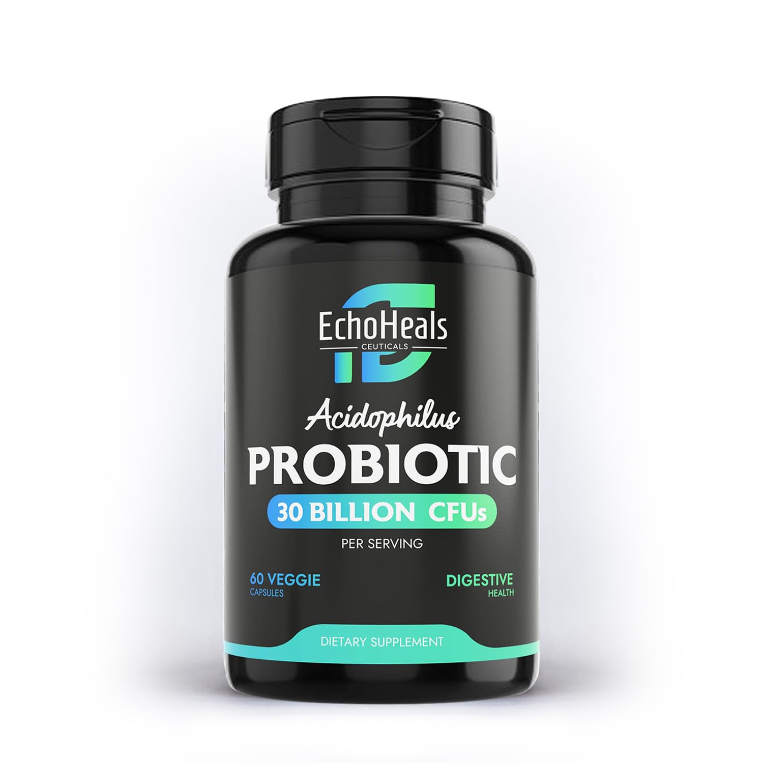 EchoHeals Ceuticals acidophilus probiotic bottle showing high potency for digestive support.