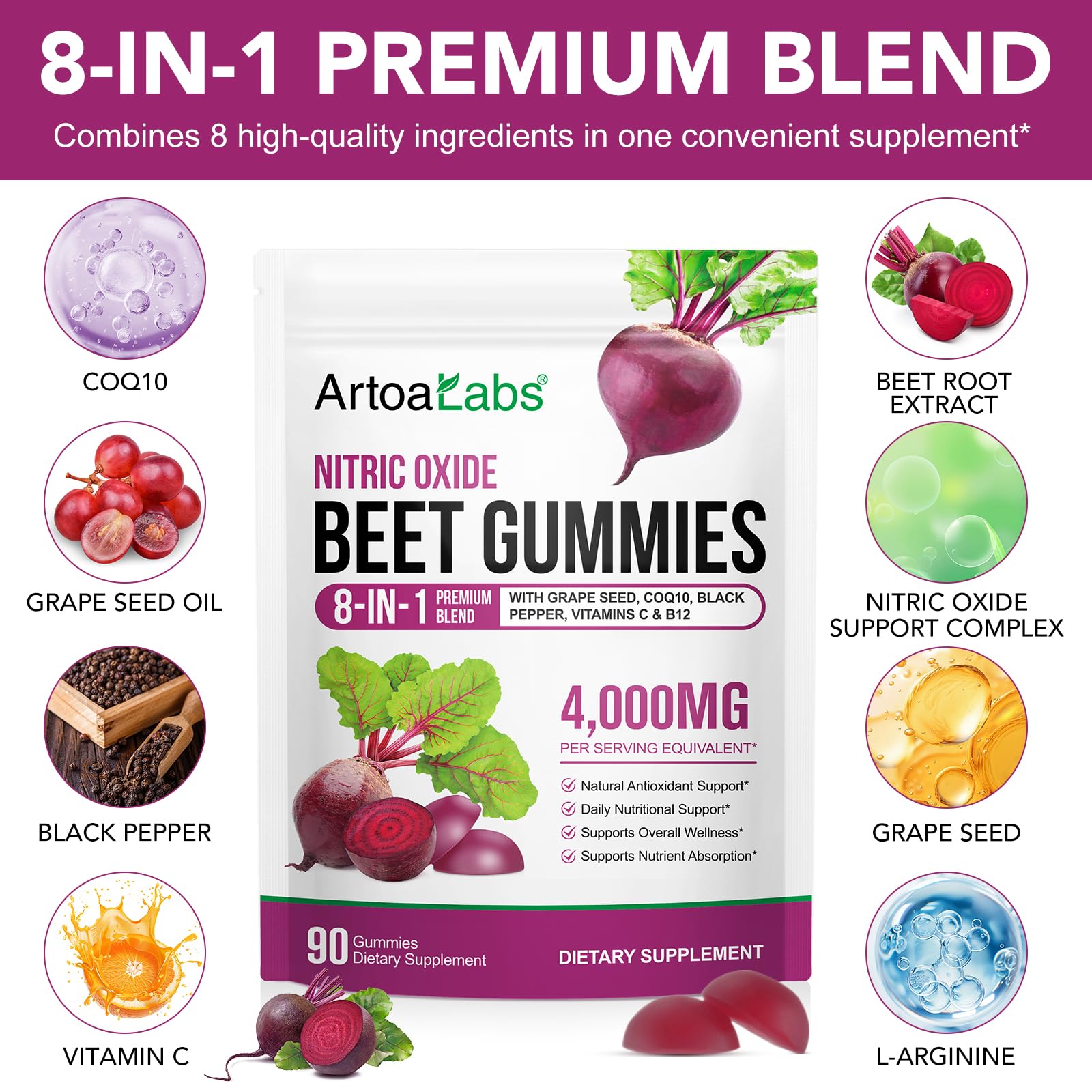 ECHTEYUN beetroot gummies packaging highlights 8-in-1 formula and sugar-free option.
