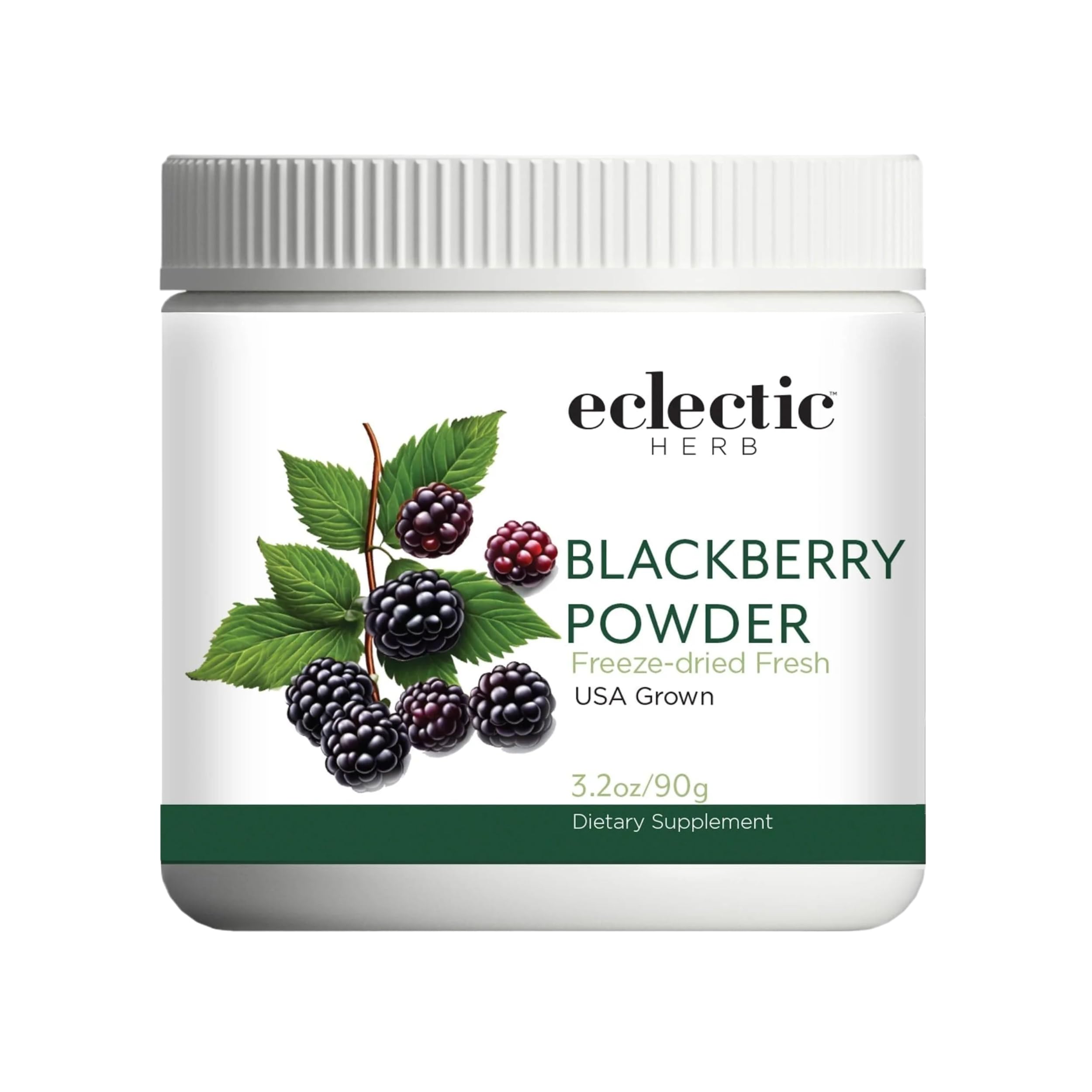 Eclectic Institute Blackberry Powder bottle on countertop for daily nutrition.