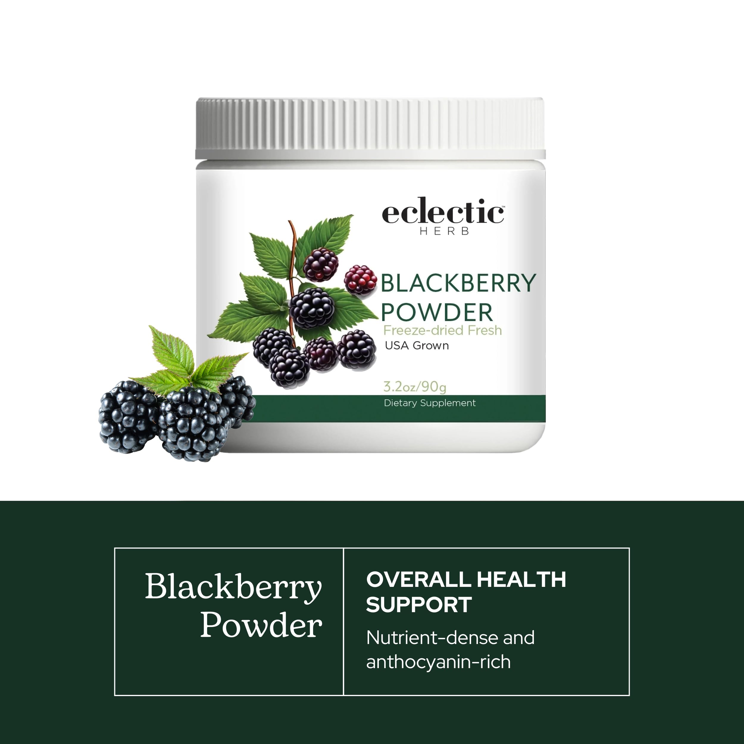 Eclectic Institute Blackberry Powder pouring into smoothie for convenient daily use.