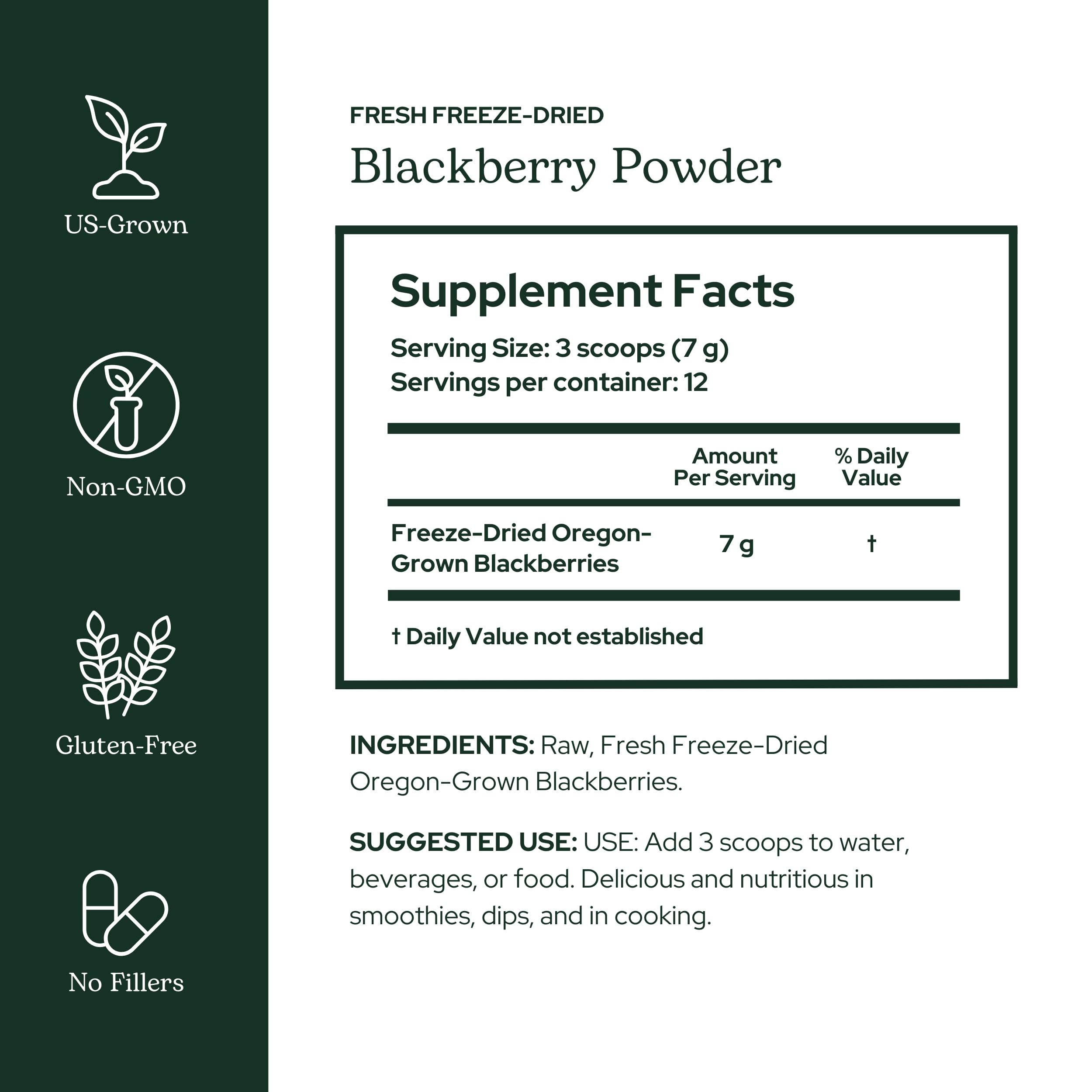 Eclectic Institute Blackberry Powder scoop beside jar for precise daily servings.