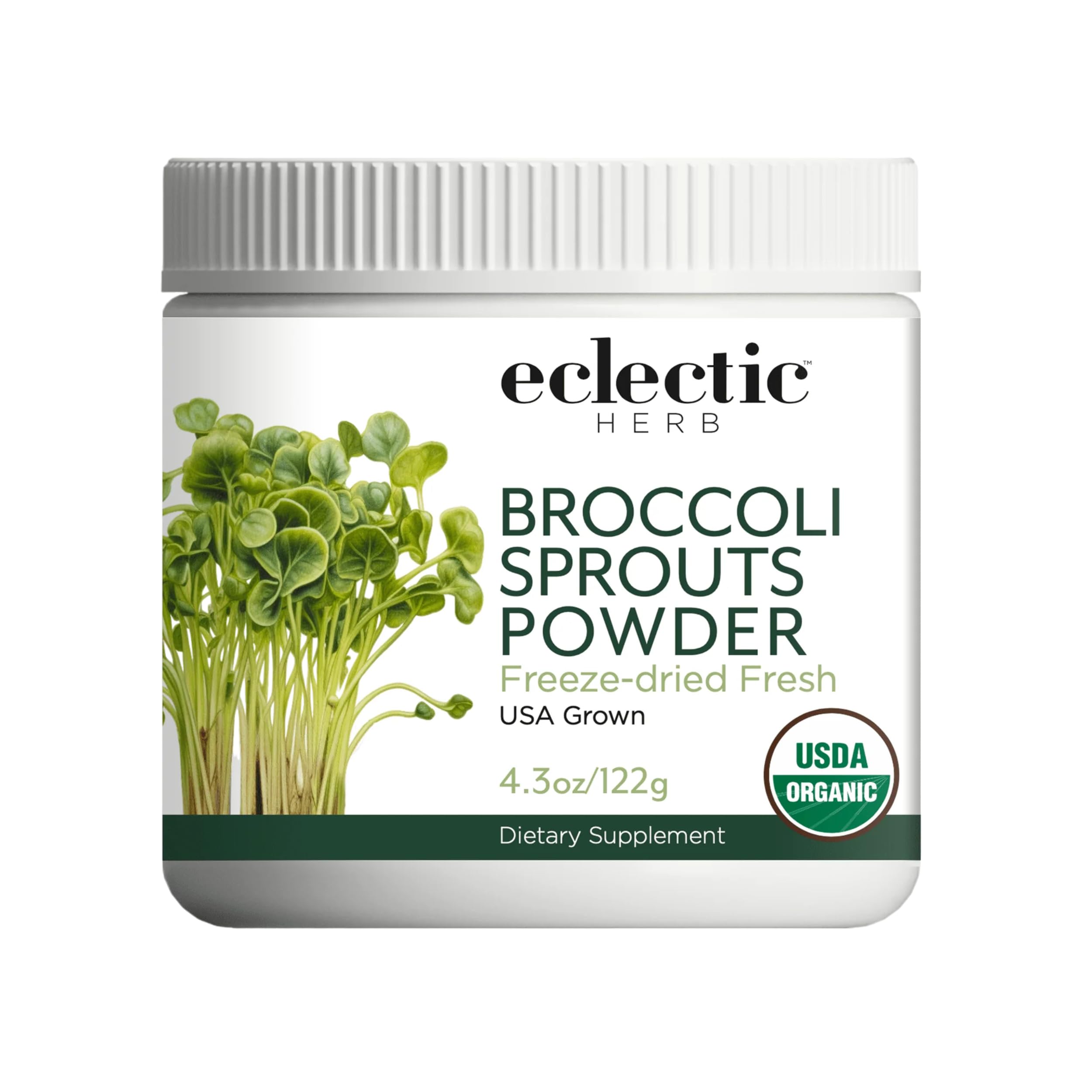 Eclectic Institute broccoli sprouts powder bottle for daily greens in smoothies