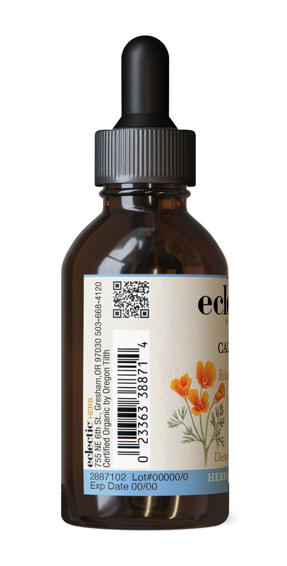Eclectic Institute California Poppy Extract label closeup shows organic quality and purity.