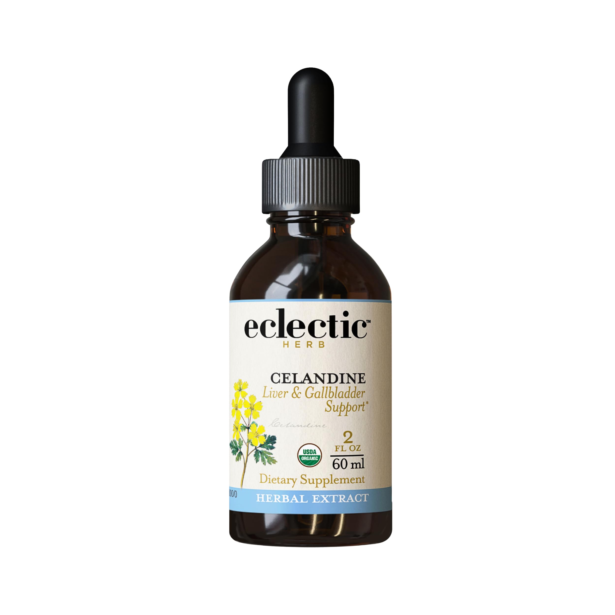 Eclectic Institute Celandine Extract bottle for liver support, vegan and non-GMO.