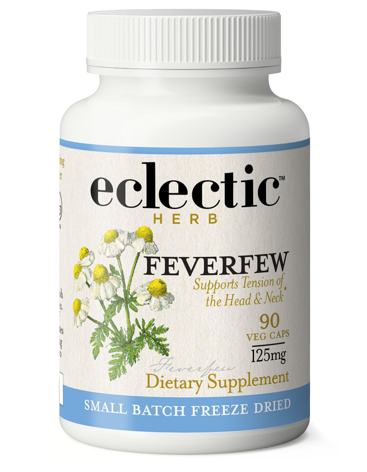 Eclectic Institute Feverfew capsules bottle front, vegan and non-GMO formula.