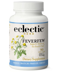 Eclectic Institute Feverfew capsules bottle front, vegan and non-GMO formula.