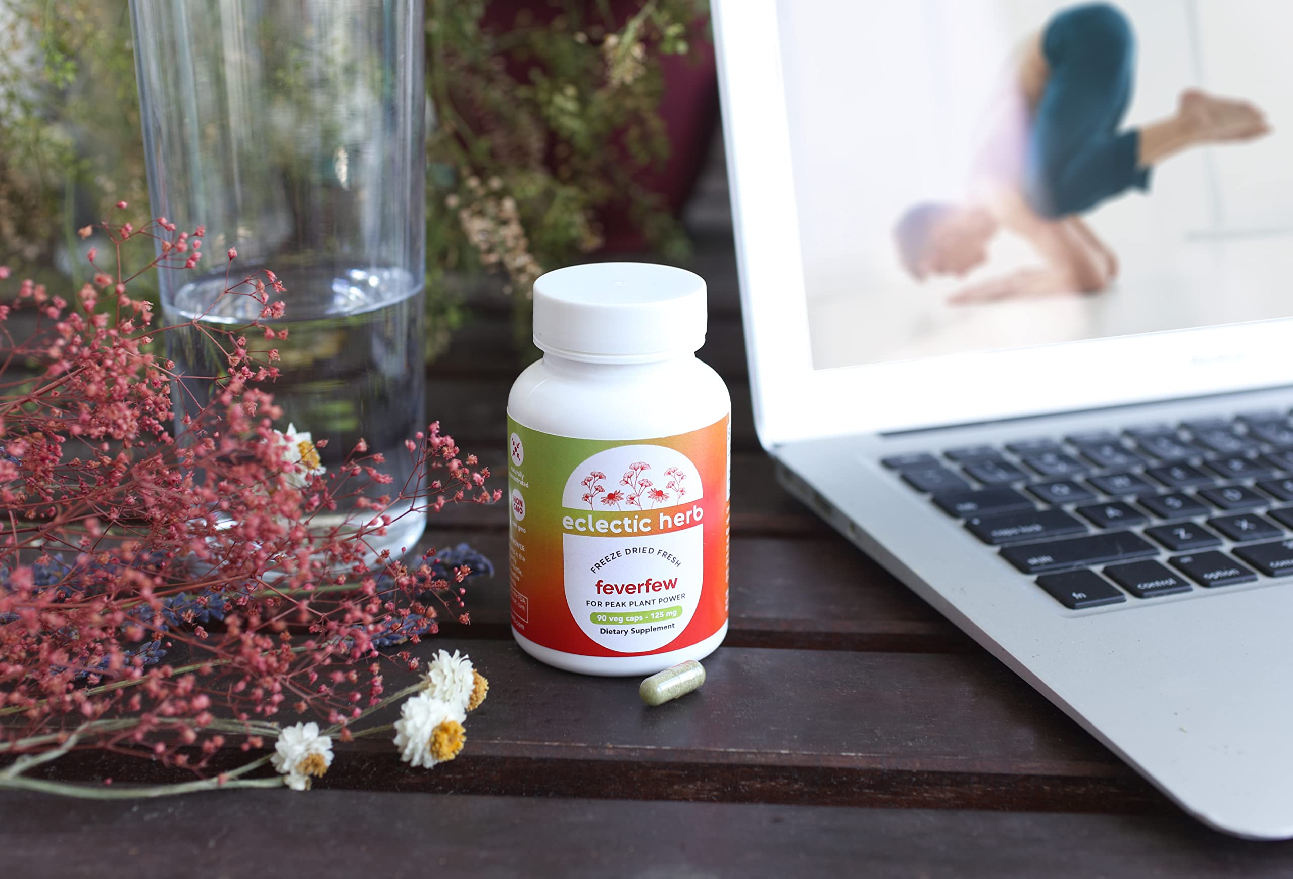 Morning routine with feverfew capsules supporting head and neck tension.