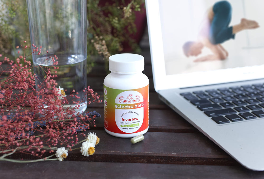 Morning routine with feverfew capsules supporting head and neck tension.