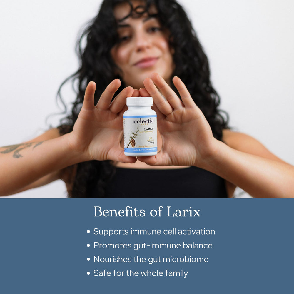 Eclectic Institute Larix capsules inside bottle: ready-to-take daily immune support.