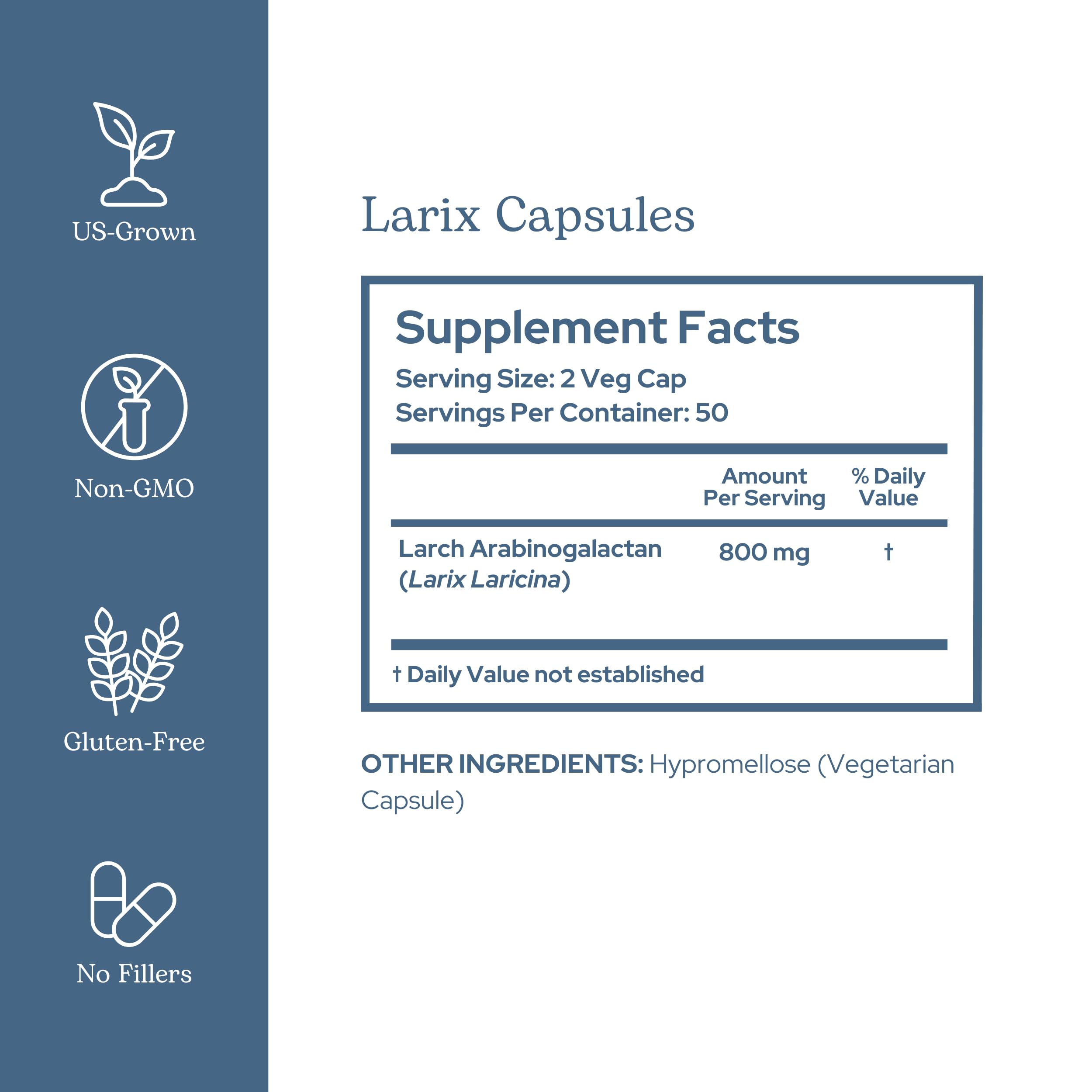 Eclectic Institute Larix capsules label closeup: shows non-GMO sourcing and potency details.