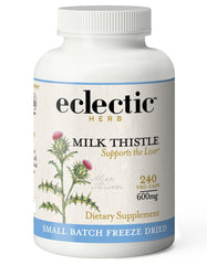 Eclectic Institute milk thistle bottle front view highlighting natural, liver-supporting ingredients.