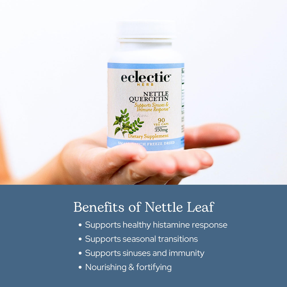 Eclectic Institute nettle leaf capsules label notes gluten-free and dairy-free ingredients.